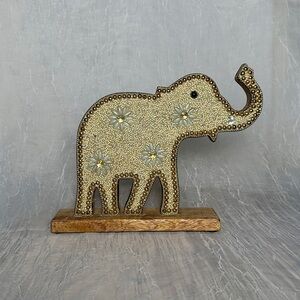 Home Decor Table Top Bead Embellished Wood Figurine Elephant Art Accent